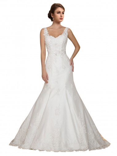 Cap Sleeves V-Neck Lace Ivory Chapel Train Wedding Dress Bath