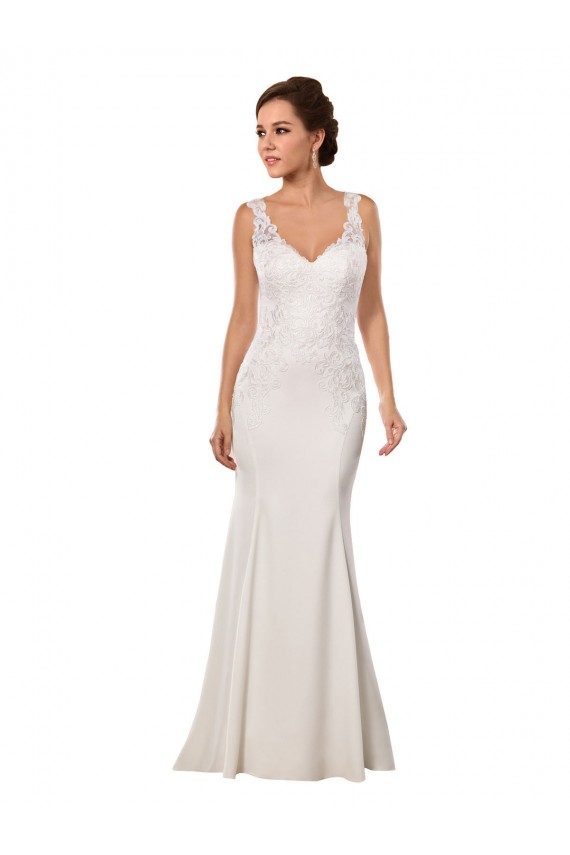 Sleeveless V-Neck Lace & Stretch Crepe Ivory Chapel Train Sexy Wedding Dress Bath