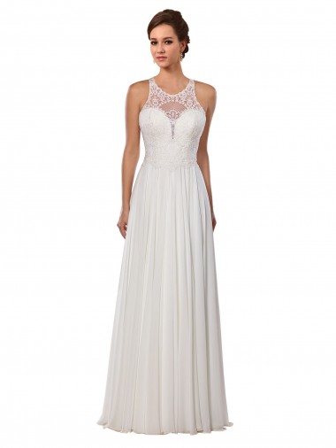 Sleeveless Illusion Neck Soft Chiffon Ivory Chapel Train Wedding Dress Bath