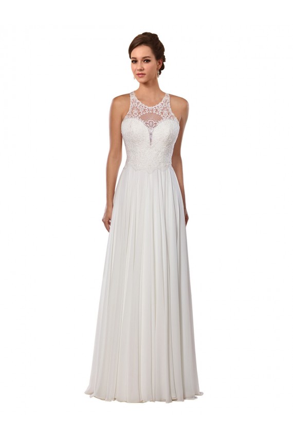 Sleeveless Illusion Neck Soft Chiffon Ivory Chapel Train Wedding Dress Bath