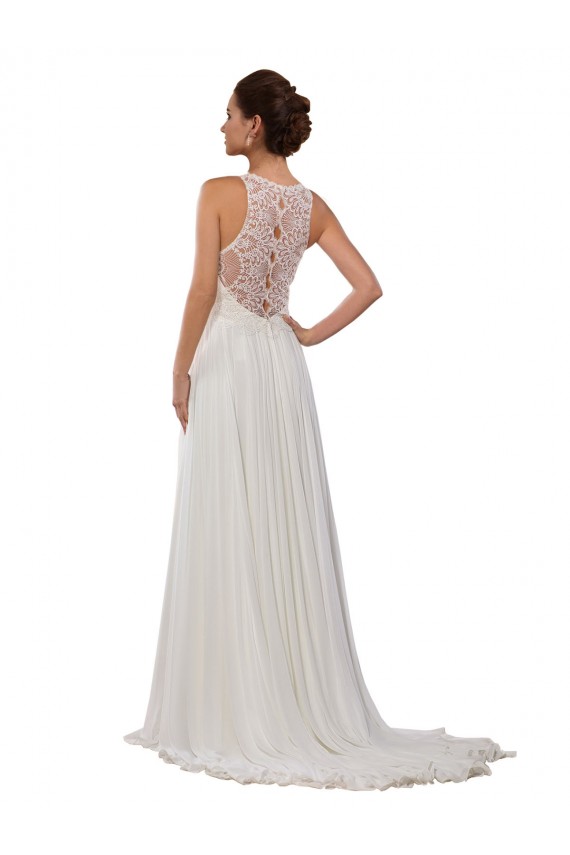 Sleeveless Illusion Neck Soft Chiffon Ivory Chapel Train Wedding Dress Bath