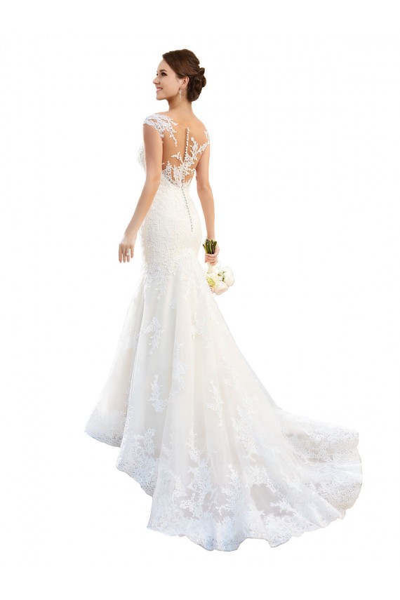 Cap Sleeves Illusion Neck Lace White Chapel Train Wedding Dress Bath