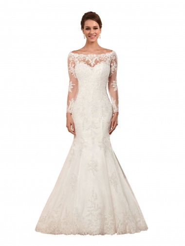 Long Sleeves Bateau Neck Lace Ivory Chapel Train Sexy Wedding Dress Bath