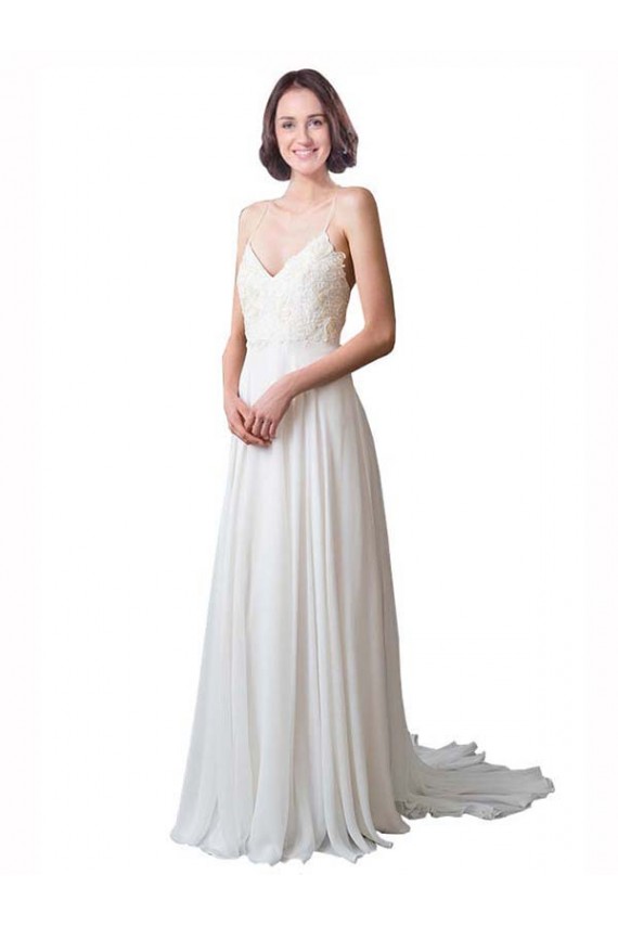 Sleeveless V-Neck Soft Chiffon & Lace Ivory Chapel Train Beach Wedding Dress Bath
