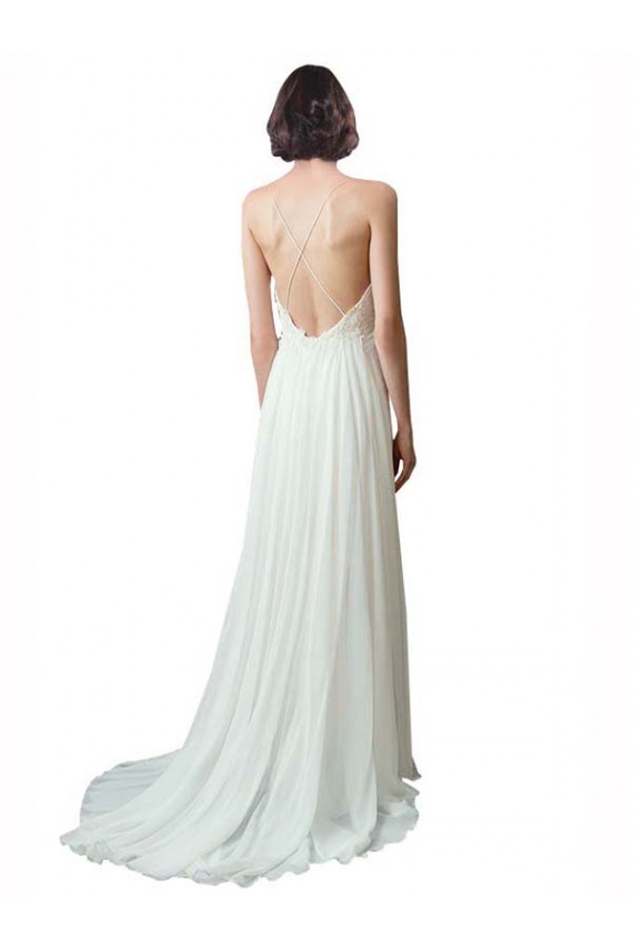 Sleeveless V-Neck Soft Chiffon & Lace Ivory Chapel Train Beach Wedding Dress Bath