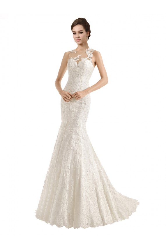 Sleeveless Illusion Neck Lace Ivory Mermaid Chapel Train Wedding Dress Bath