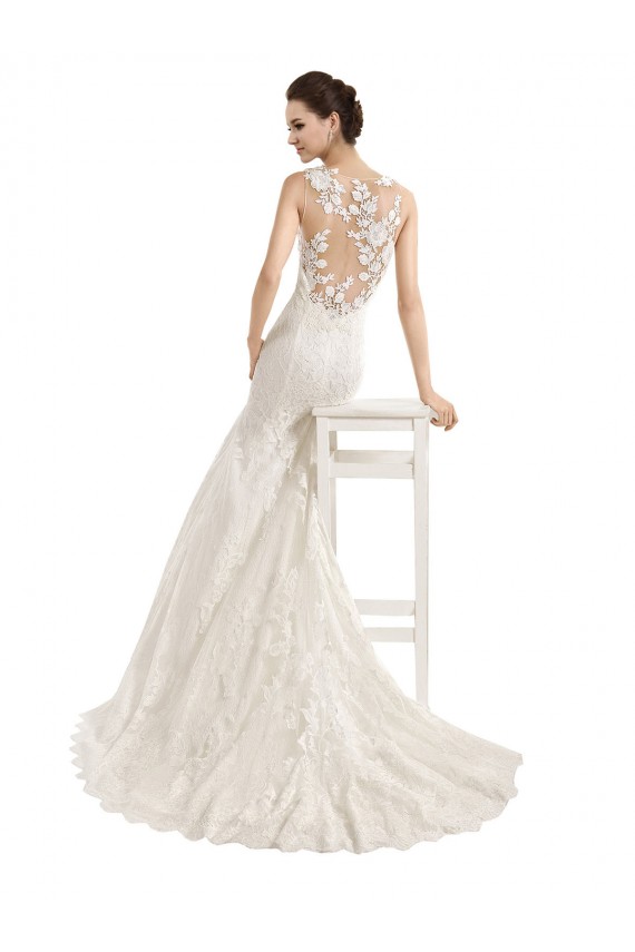 Sleeveless Illusion Neck Lace Ivory Mermaid Chapel Train Wedding Dress Bath