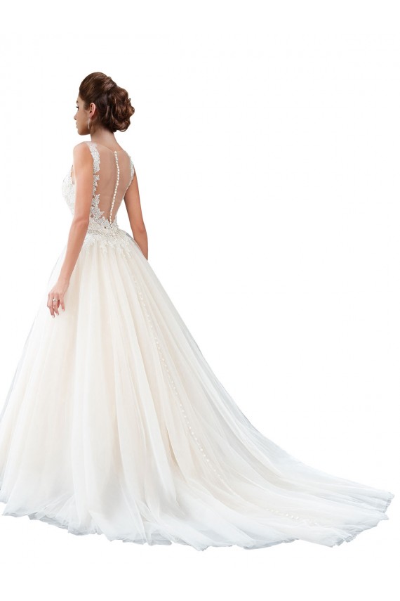 Sleeveless Illusion Neck Tulle & Lace Ivory Cathedral Train Beach Wedding Dress Bath