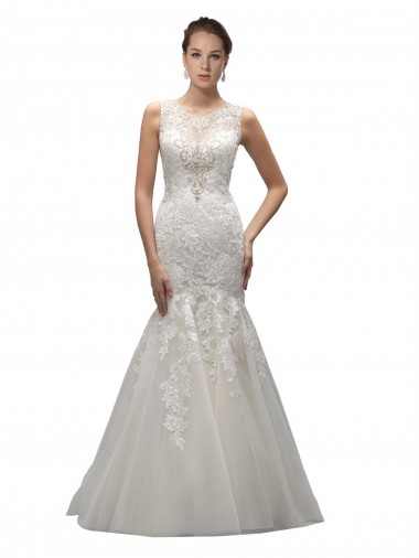 Sleeveless Illusion Neck Tulle & Lace Ivory Sweep Train Wedding Dress Bath