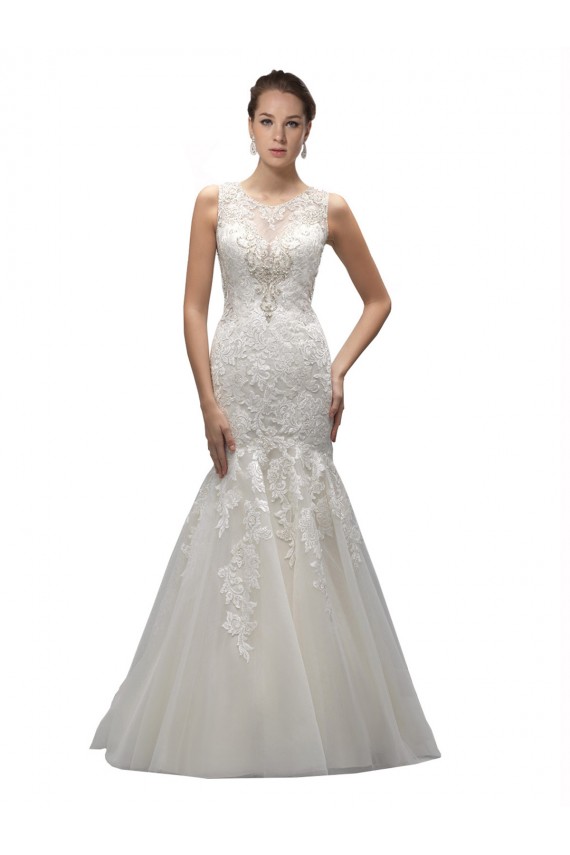 Sleeveless Illusion Neck Tulle & Lace Ivory Sweep Train Wedding Dress Bath