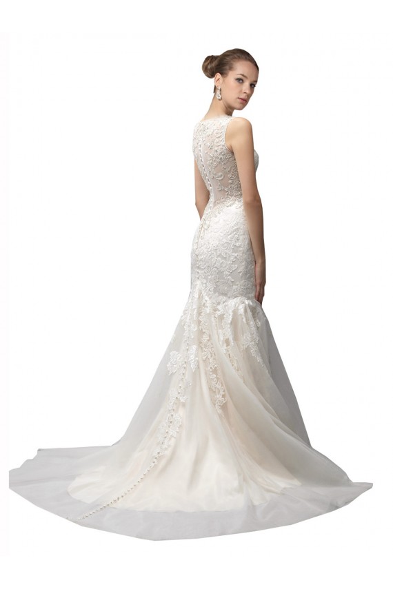 Sleeveless Illusion Neck Tulle & Lace Ivory Sweep Train Wedding Dress Bath