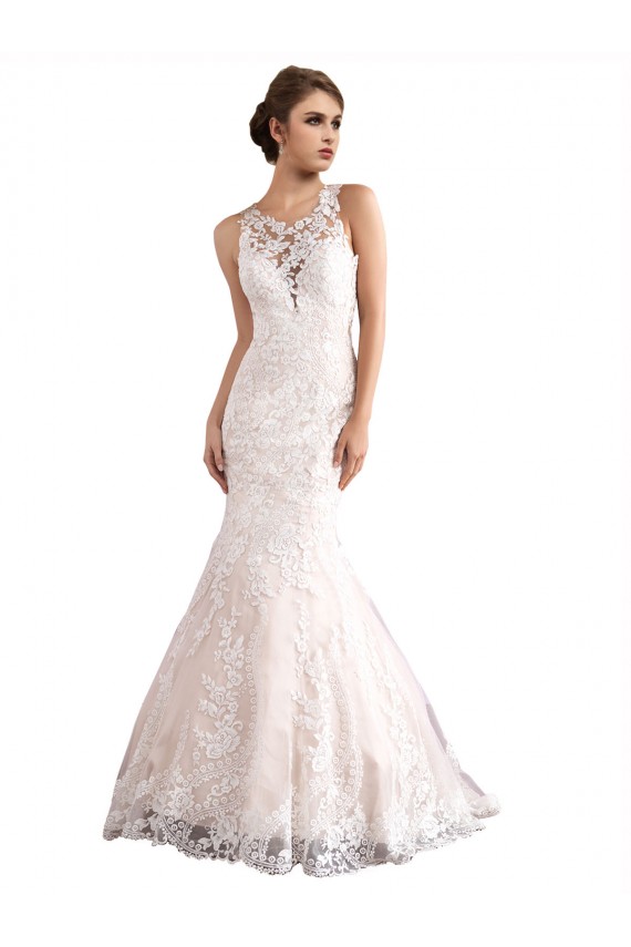 Sleeveless Illusion Neck Tulle & Lace Ivory & Champagne Cathedral Train Wedding Dress Bath