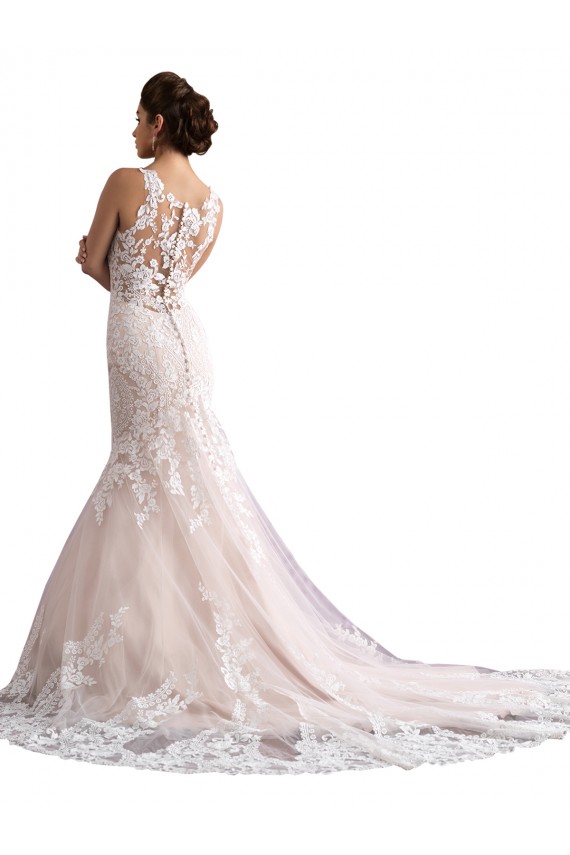 Sleeveless Illusion Neck Tulle & Lace Ivory & Champagne Cathedral Train Wedding Dress Bath