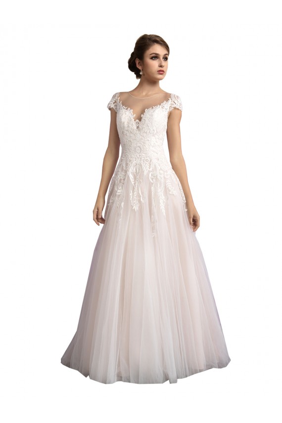 Cap Sleeves Illusion Neck Tulle & Lace Ivory & Champagne Cathedral Train Beach Wedding Dress Bath