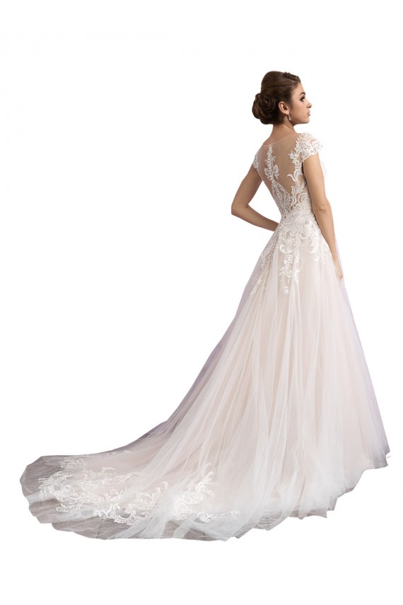 Cap Sleeves Illusion Neck Tulle & Lace Ivory & Champagne Cathedral Train Beach Wedding Dress Bath