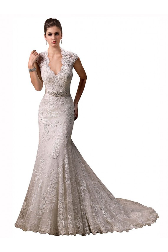 Cap Sleeves V-Neck Lace Ivory Chapel Train Wedding Dresses Bath