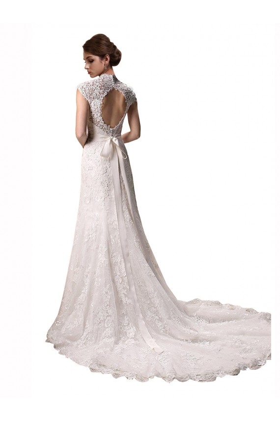 Cap Sleeves V-Neck Lace Ivory Chapel Train Wedding Dresses Bath