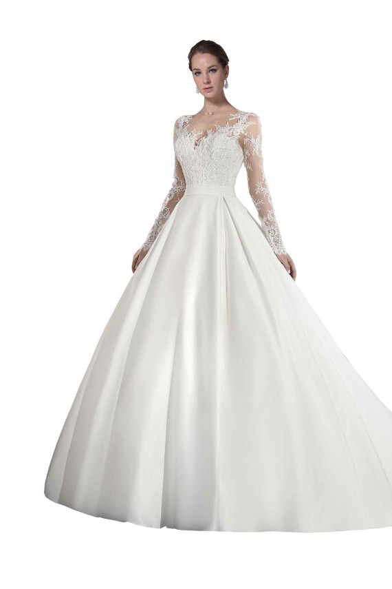 Long Sleeves Illusion Neck Satin & Lace White Cathedral Train Wedding Dress Bath