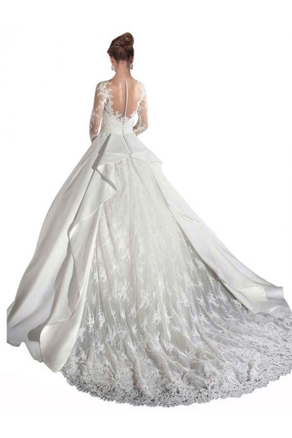 Long Sleeves Illusion Neck Satin & Lace White Cathedral Train Wedding Dress Bath