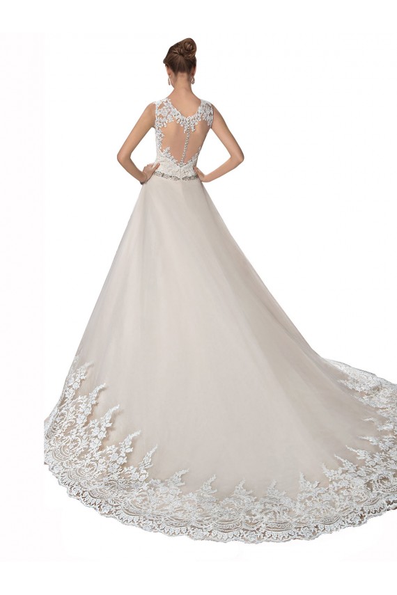 Sleeveless Sweetheart Tulle & Lace Ivory & Champagne Chapel Train Wedding Dress Bath