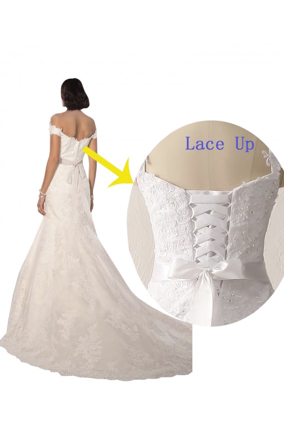 Sleeveless Off the Shoulder Lace White Chapel Train Beach Wedding Dress Bath