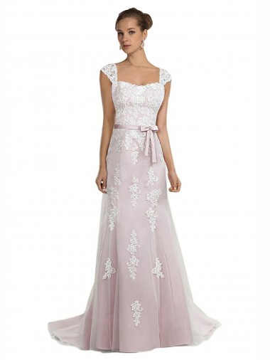 Sleeveless Strapless Tulle & Lace Ivory & Pink Sweep Train Beach Wedding Dress Bath