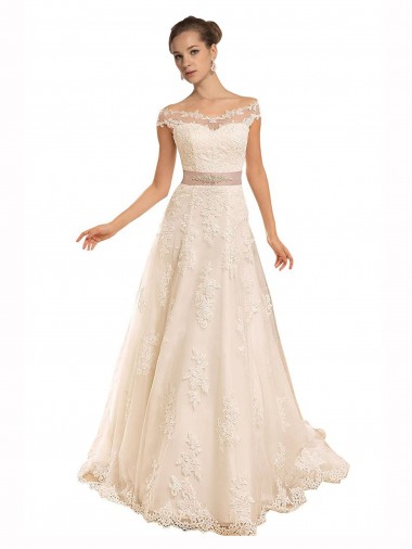 Sleeveless Off the Shoulder Lace Ivory A-Line Chapel Train Beach Wedding Dress Bath
