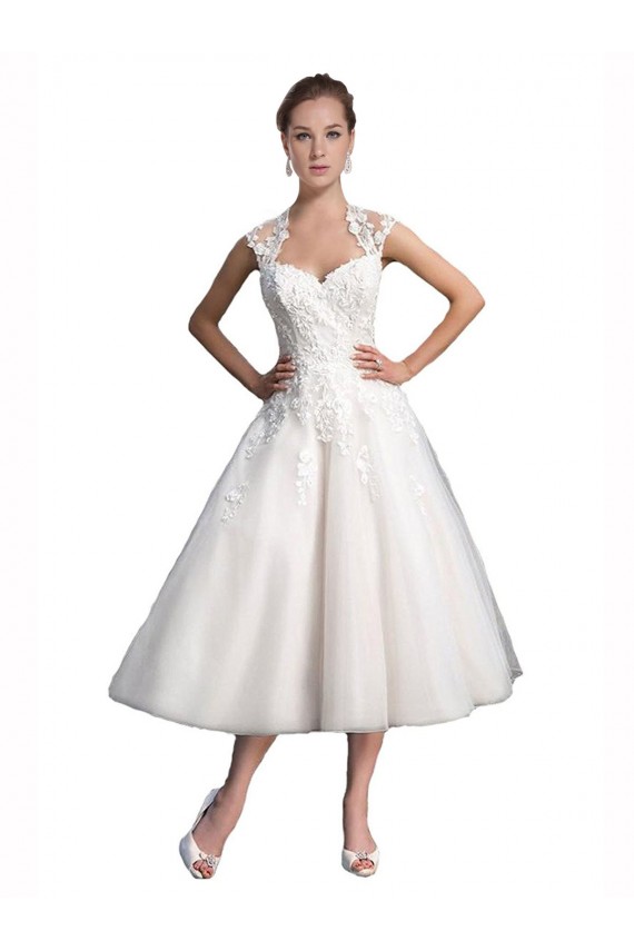 Sleeveless Sweetheart Tulle & Lace Ivory Tea Length Beach Wedding Dress Bath