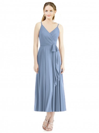 Sleeveless Spaghetti Straps Soft Chiffon Dusty Blue Tea Length Bridesmaid Dress Bath