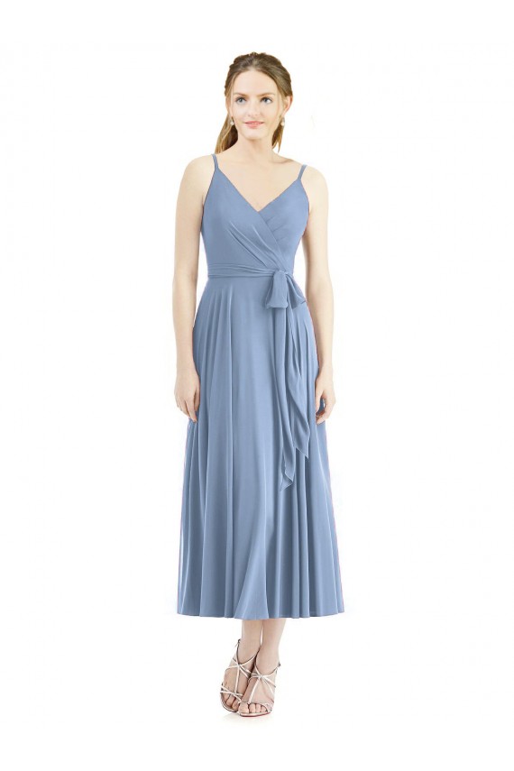 Sleeveless Spaghetti Straps Soft Chiffon Dusty Blue Tea Length Bridesmaid Dress Bath