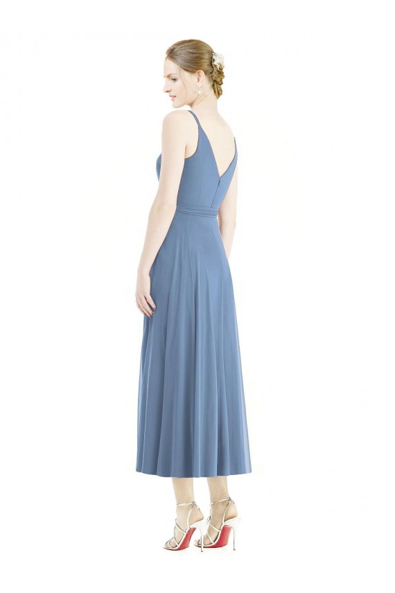 Sleeveless Spaghetti Straps Soft Chiffon Dusty Blue Tea Length Bridesmaid Dress Bath