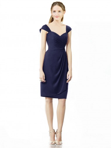 Cap Sleeves Sweetheart Soft Chiffon Dark Navy Knee Length Bridesmaid Dress Bath