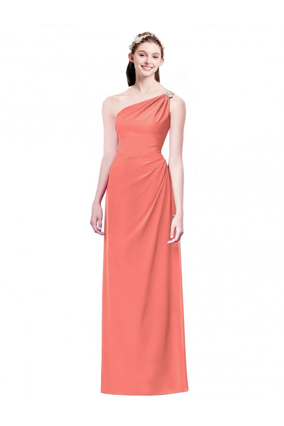 Sleeveless One Shoulder Soft Chiffon Coral Long Bridesmaid Dress Bath