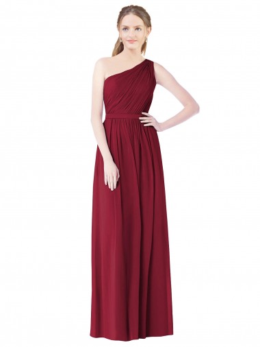 Sleeveless One Shoulder Soft Chiffon Burgundy Long Bridesmaid Gown Bath