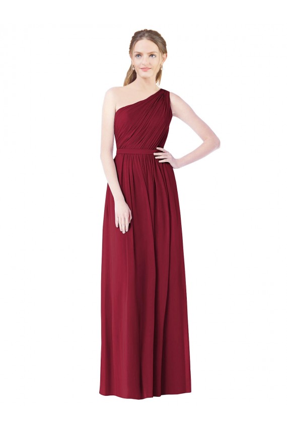 Sleeveless One Shoulder Soft Chiffon Burgundy Long Bridesmaid Gown Bath