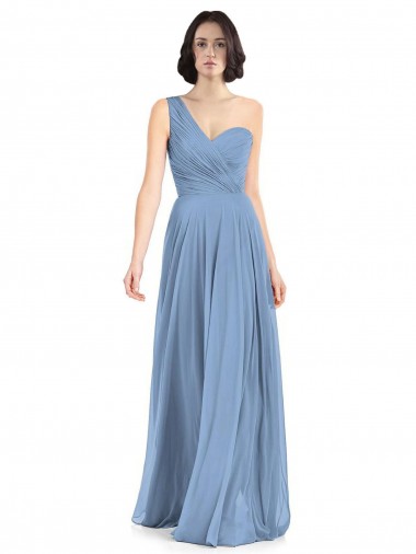 Sleeveless One Shoulder Soft Chiffon Dusty Blue Long Formal Dress / Bridesmaid Dress Bath