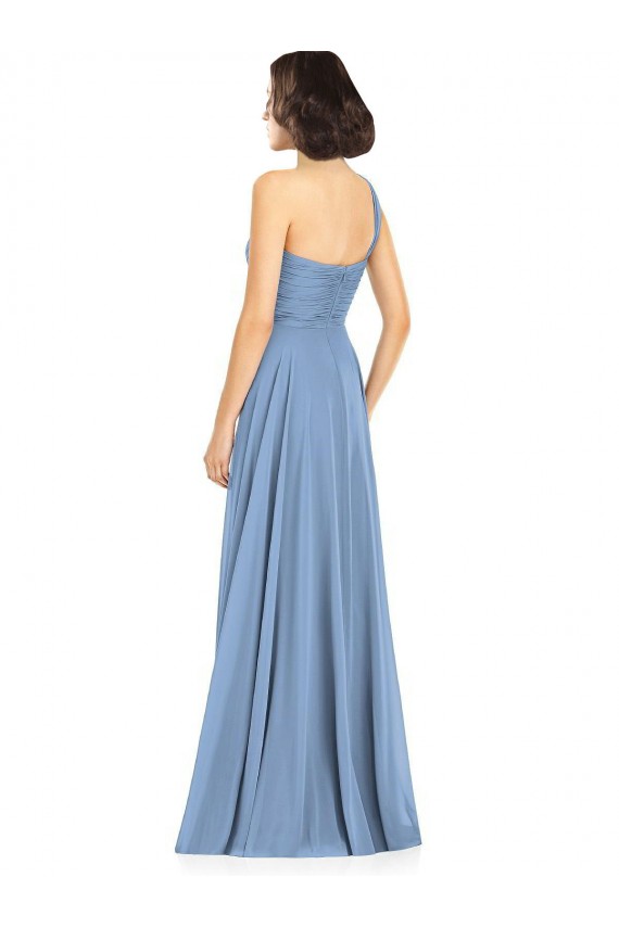 Sleeveless One Shoulder Soft Chiffon Dusty Blue Long Formal Dress / Bridesmaid Dress Bath