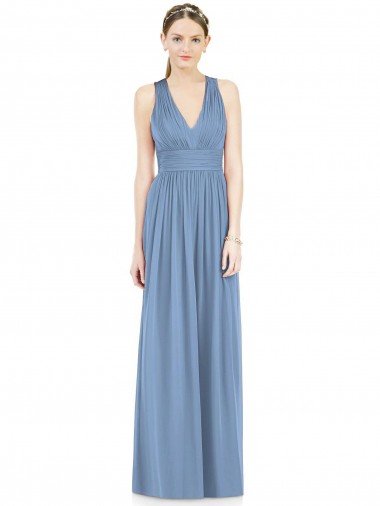 Sleeveless V-Neck Chiffon Dusty Blue Long Bridesmaid Gowns Bath