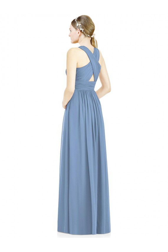 Sleeveless V-Neck Chiffon Dusty Blue Long Bridesmaid Gowns Bath