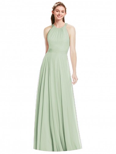 Sleeveless Halter Neck Chiffon Sage Long Bridesmaid Dress / Evening Dress Bath