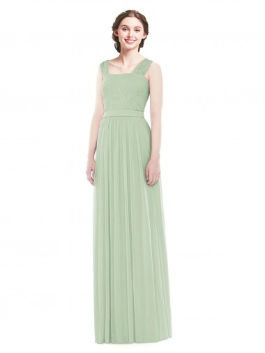 Sleeveless Spaghetti Straps Soft Chiffon Sage Long Bridal Party Dress Bath