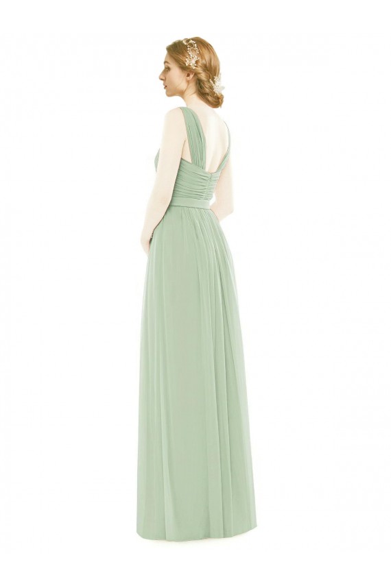 Sleeveless Spaghetti Straps Soft Chiffon Sage Long Bridal Party Dress Bath