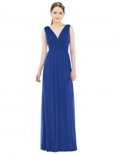 Sleeveless V-Neck Soft Chiffon Royal Blue Long Bridesmaid Gowns Bath