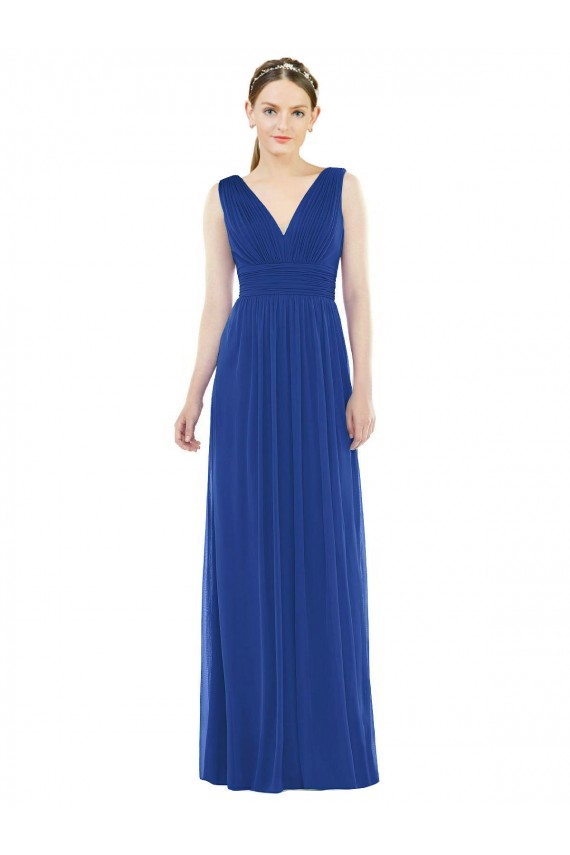 Sleeveless V-Neck Soft Chiffon Royal Blue Long Bridesmaid Gowns Bath
