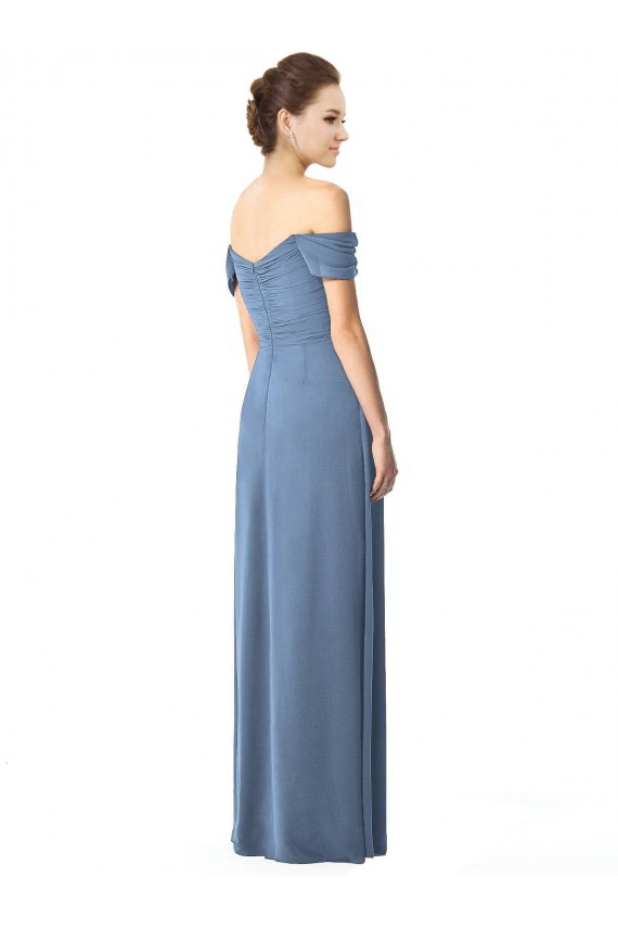 Cap Sleeves Off the Shoulder Soft Chiffon Dusty Blue Long Bridesmaid Dress Bath