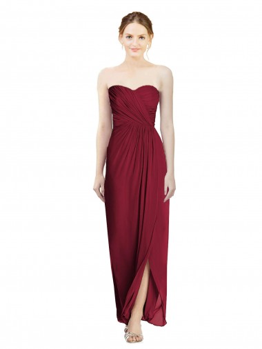 Sleeveless Sweetheart Soft Chiffon Burgundy Sheath Long Bridesmaid Dress Bath