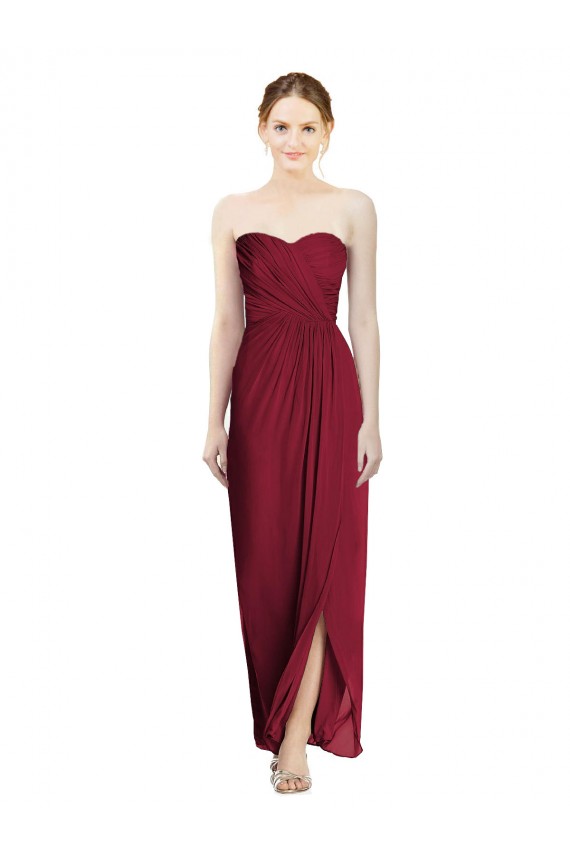 Sleeveless Sweetheart Soft Chiffon Burgundy Sheath Long Bridesmaid Dress Bath