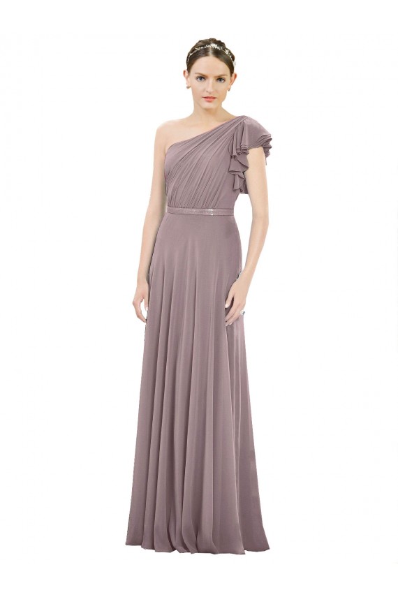 Sleeveless One Shoulder Soft Chiffon Dusty Rose Long Bridesmaid Dress Bath