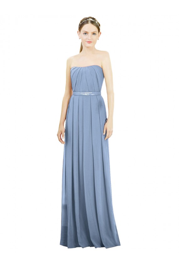 Sleeveless Strapless Soft Chiffon Dusty Blue A-Line Long Bridesmaid Dress Bath