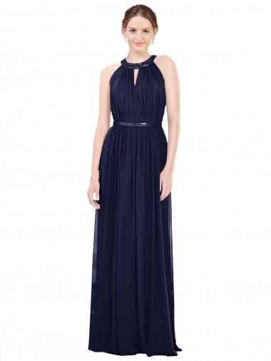Sleeveless High Neck Soft Chiffon Dark Navy Long Bridesmaid Dress / Formal Dress Bath